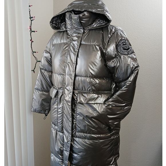 Callie Lives Jackets & Blazers - Metallic Silver Hooded Puffer Coat Large warm winter maximalism long line jacket